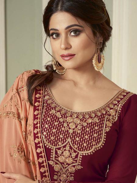 Myra Wine and Peach Georgette Embroidered Gharara Suit