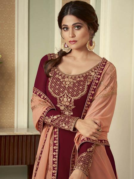 Myra Wine and Peach Georgette Embroidered Gharara Suit