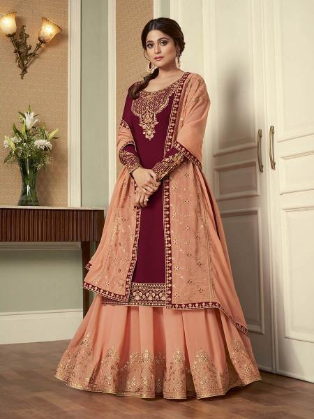 Myra Wine and Peach Georgette Embroidered Gharara Suit