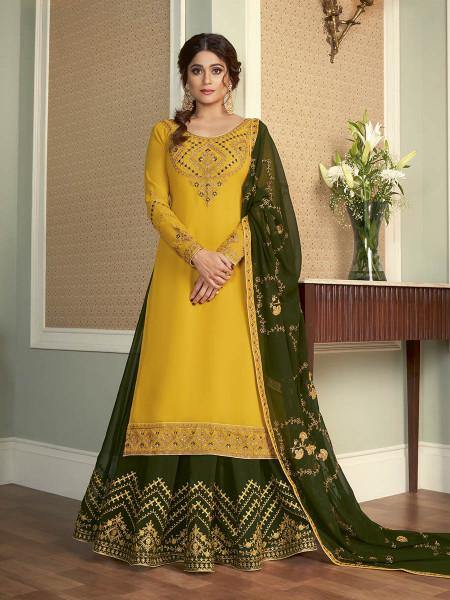 Myra Yellow and Green Georgette Embroidered Gharara Suit