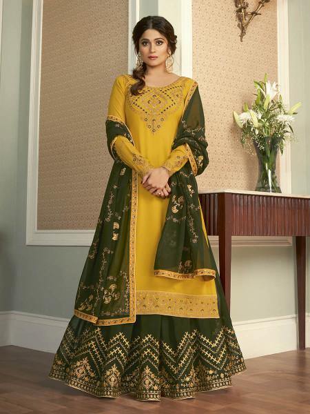Myra Yellow and Green Georgette Embroidered Gharara Suit