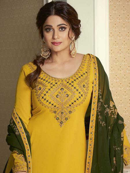 Myra Yellow and Green Georgette Embroidered Gharara Suit