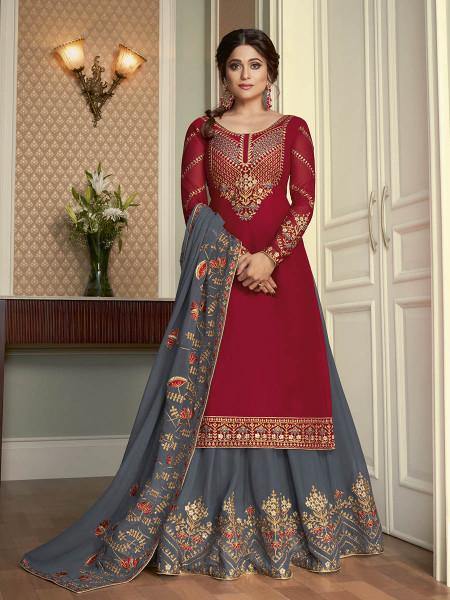 Myra Maroon and Grey Georgette Embroidered Gharara Suit