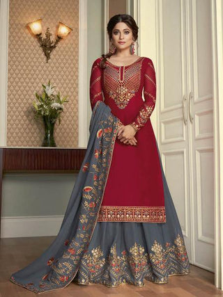 Myra Maroon and Grey Georgette Embroidered Gharara Suit