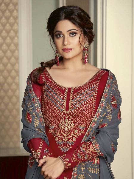 Myra Maroon and Grey Georgette Embroidered Gharara Suit online