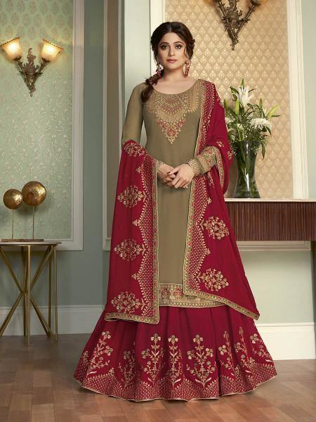 Myra Brown and Maroon Georgette Embroidered Gharara Suit