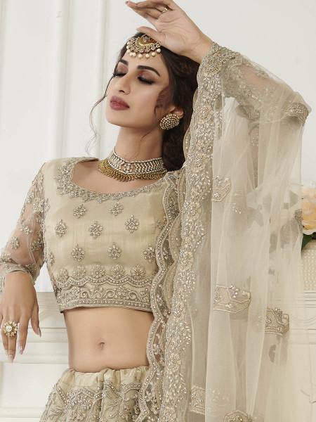 Myra Beige Heavy Embroidered Net Bridal Lehenga