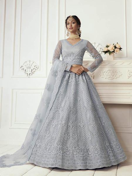 Myra Dusty Sea Blue Heavy Embroidered Net bridal Lehenga - Distacart
