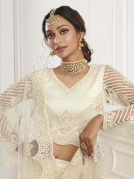 Myra Beautiful Fashion Off White Heavy Embroidered Net Bridal Lehenga Online