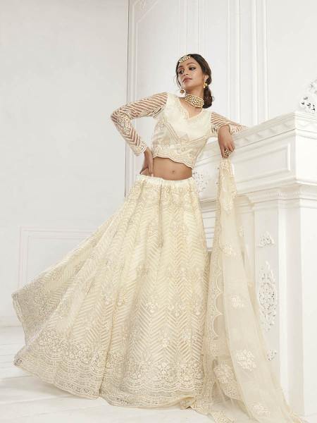 Beautiful Fashion Off White Heavy Embroidered Net Bridal 