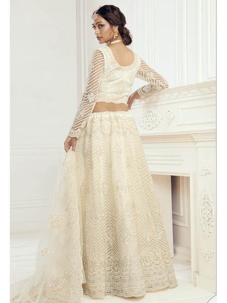 Beautiful Fashion Off White Heavy Embroidered Net Bridal Lehenga