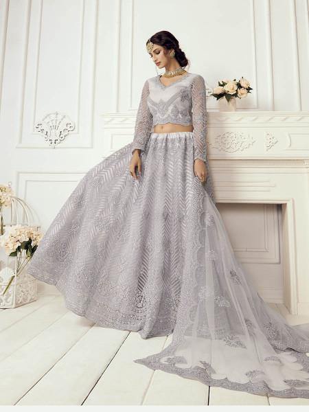 Myra Grey Heavy Embroidered Net Bridal Lehenga Online
