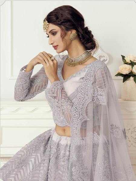Myra Grey Heavy Embroidered Net bridal Lehenga - Distacart