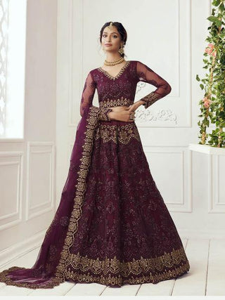 Myra Wine Heavy Embroidered Net bridal Lehenga - Distacart