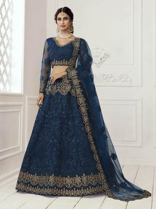 Myra Deep Blue Heavy Embroidered Net bridal Lehenga - Distacart