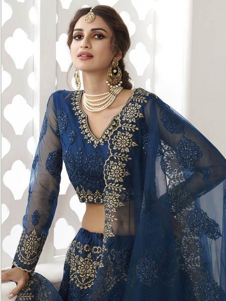 Myra Deep Blue Heavy Embroidered Net bridal Lehenga - Distacart