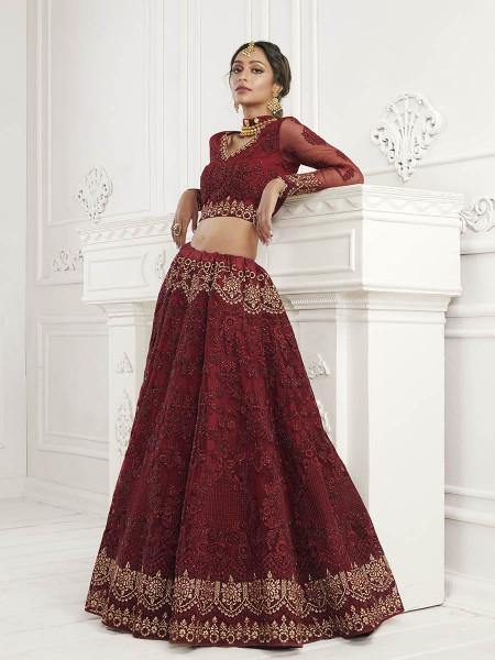 Myra Maroon Heavy Embroidered Net Bridal Lehenga online