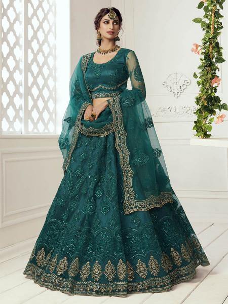 Myra Rama Green Heavy Embroidered Net Bridal Lehenga