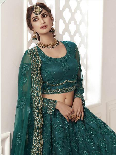 Myra Rama Green Heavy Embroidered Net bridal Lehenga - Distacart