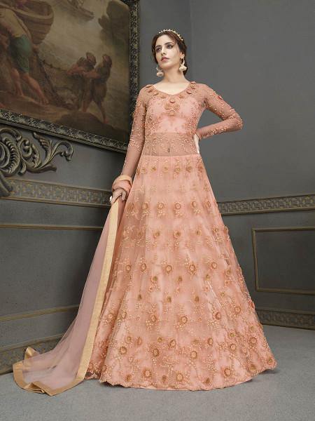 Myra Peach Soft Net Embroidered Handwork Gown Style Suit
