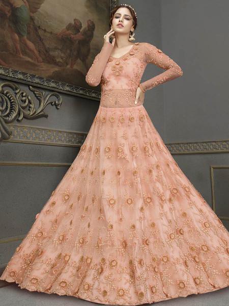 Myra Peach Soft Net Embroidered Handwork Gown Style Suit