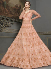 Thumbnail for Myra Peach Soft Net Embroidered Handwork Gown Style Suit