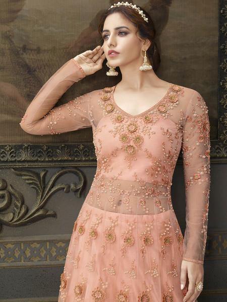 Myra Peach Soft Net Embroidered Handwork Gown Style Suit
