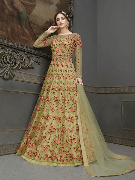Myra Green Soft Net Embroidered Handwork Gown Style Suit