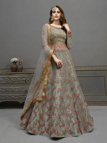 Myra Grey Soft Net Embroidered Handwork Gown Style Suit
