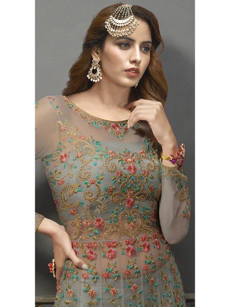 Buy Myra Grey Soft Net Embroidered Handwork Gown Style Suit Online At ...