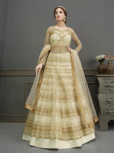 Myra Pista Soft Net Embroidered Handwork Gown Style Suit