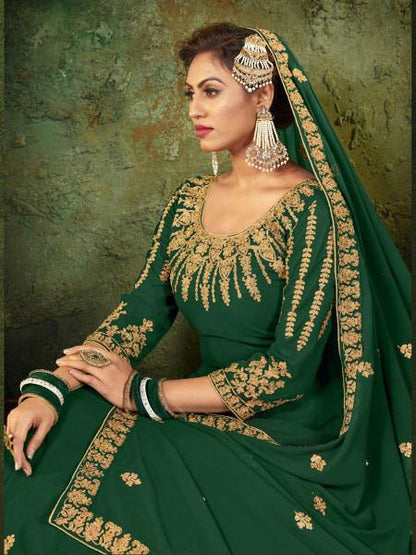 Green Georgette Embroidered Gown