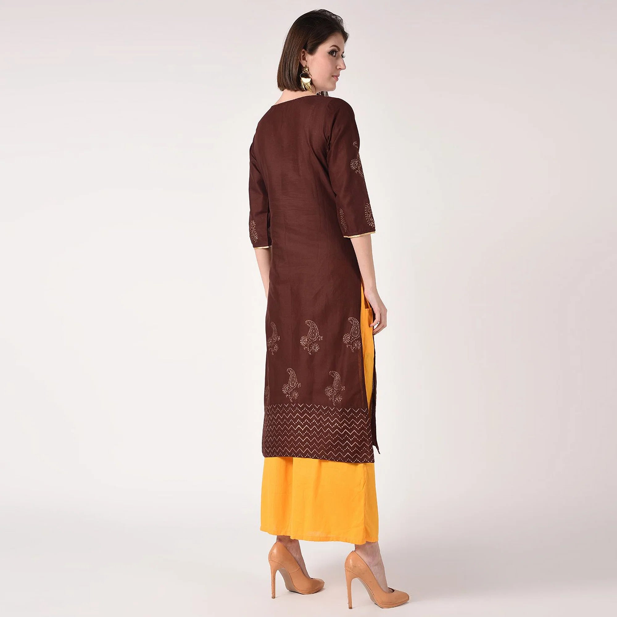 Cheera Hand Block print straight Kurta with Palazzo In Brown & Mustard Colors