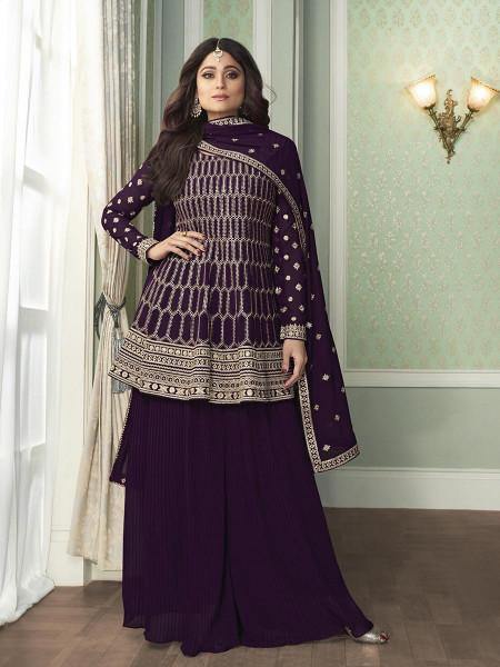 Myra Purple Georgette Embroidered Palazzo Suit