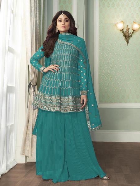 Myra Sea Blue Georgette Embroidered Palazzo Suit