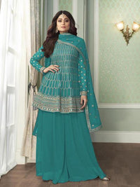 Thumbnail for Myra Sea Blue Georgette Embroidered Palazzo Suit