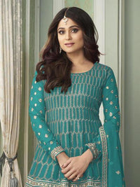 Thumbnail for Myra Sea Blue Georgette Embroidered Palazzo Suit