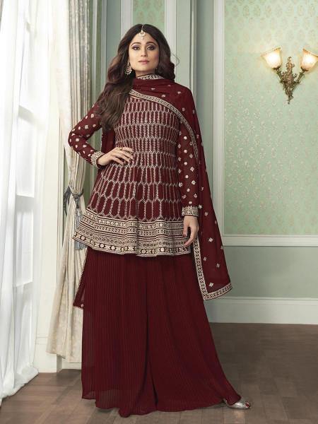 Myra Beautiful Maroon Georgette Embroidered Palazzo Suit