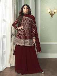 Thumbnail for Myra Beautiful Maroon Georgette Embroidered Palazzo Suit