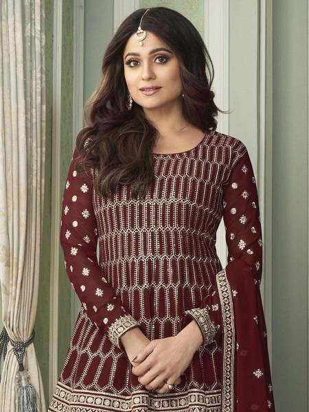 Myra Beautiful Maroon Georgette Embroidered Palazzo Suit Online