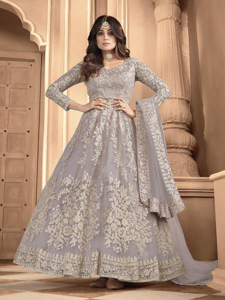 Myra Dusty Grey Butterfly Net Embroidered Anarkali Suit