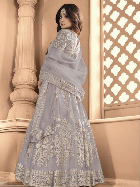 Myra Dusty Grey Butterfly Net Embroidered Anarkali Suit online