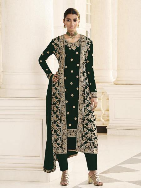 Myra Deep Green Jacket style Heavy Embroidered Suit