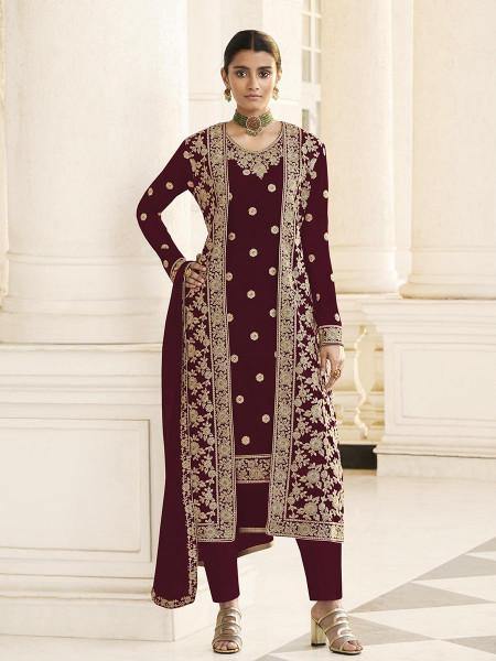 Myra Maroon Jacket style Heavy Embroidered Suit