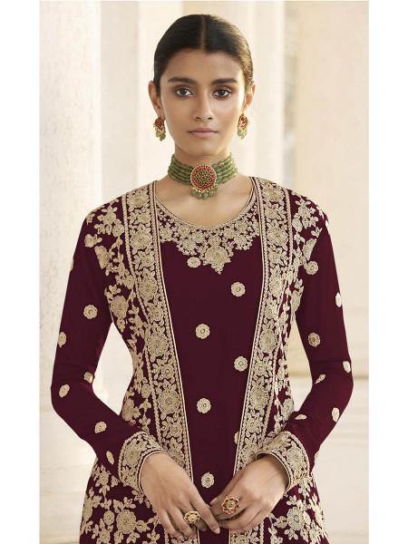 Myra Maroon Jacket style Heavy Embroidered Suit online