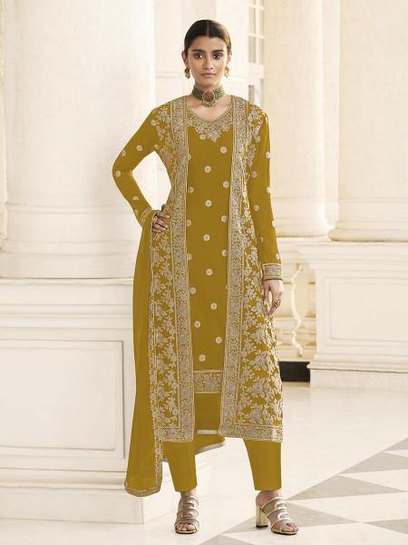 Myra Mustard Yellow Jacket style Heavy Embroidered Suit