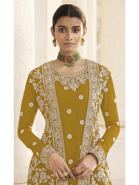 Myra Mustard Yellow Jacket style Heavy Embroidered Suit online