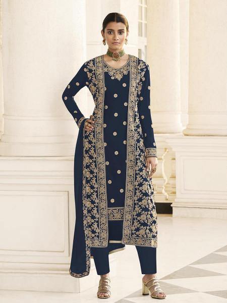 Myra Navy Blue Jacket style Heavy Embroidered Suit