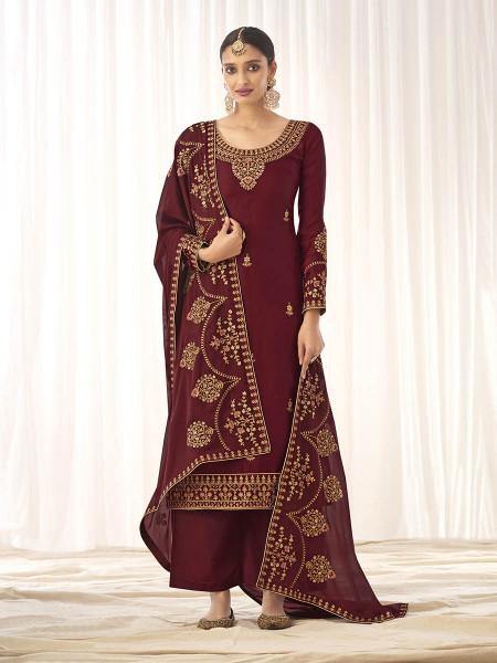 Myra Maroon Georgette Embroidered Palazzo Suit