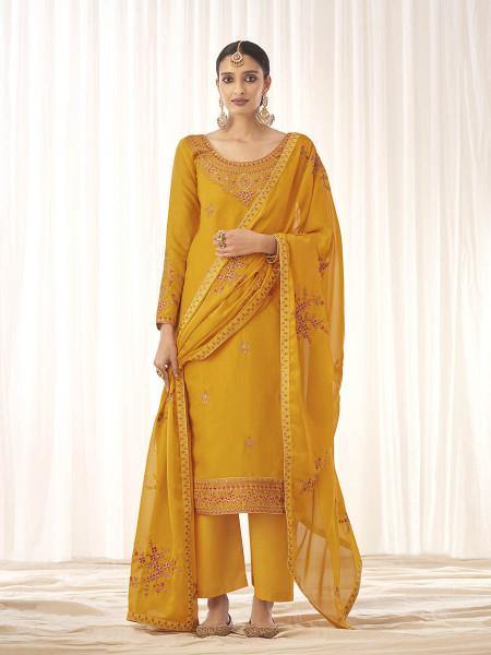 Myra Yellow Georgette Embroidered Palazzo Suit